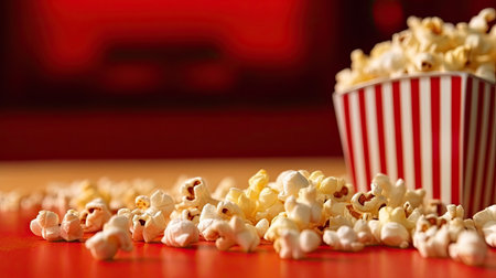 Popcorn, Spilled popcorn on red background, cinema, movies and entertainment concept. Generative Aiの素材