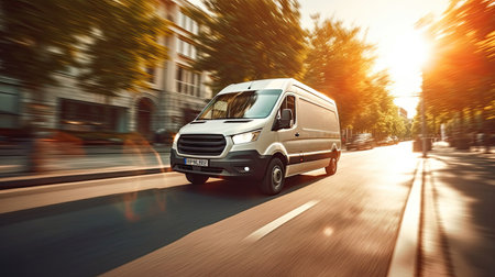 A white minibus running on city streets. Moving And Delivery concept. Generative Aiの素材