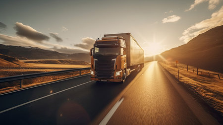 A white truck driving on the highway. Generative Aiの素材