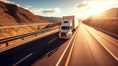 A white truck driving on the highway. Generative Aiの素材