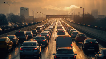 Lots of traffic jam with row of cars on expressway during rush hour. Generative Aiの素材