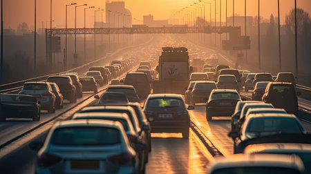 traffic jam with row of cars on highway, during rush hour. Generative Aiの素材