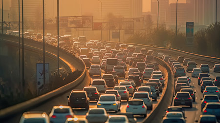 Auto on busy intercity freeway. Paramedic car in traffic jam on highway during rush hour. Transportation concept and transport in metropolis. Generative Aiの素材