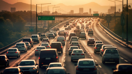 traffic jam with row of cars on highway, during rush hour. Generative Aiの素材