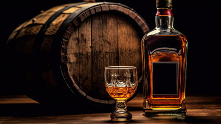 Scotch whiskey bottle with glass of whiskey and old wooden barrel. Generative Aiの素材