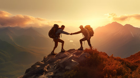 Hiker helping friend reach the mountain top. Help or teamwork concept. Generative Aiの素材