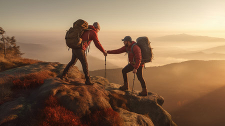 Hiker helping friend reach the mountain top. Help or teamwork concept. Generative Aiの素材