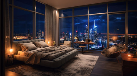 A room with a view of the city from the bed, penthouse bedroom at night. Generative Aiの素材