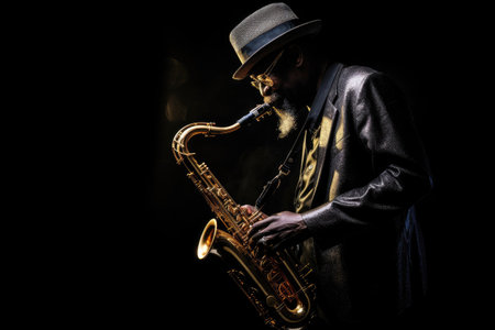 Saxophone player Saxophonist playing jazz music instrument Jazz musician playing sax alto on black background. Generative Aiの素材