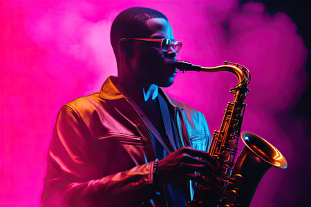 African American handsome jazz musician playing the saxophone in the studio on a neon background. Music concept. Generative Aiの素材