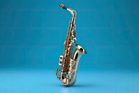 Saxophone isolated on blue background. Music concept. Generative Aiの素材