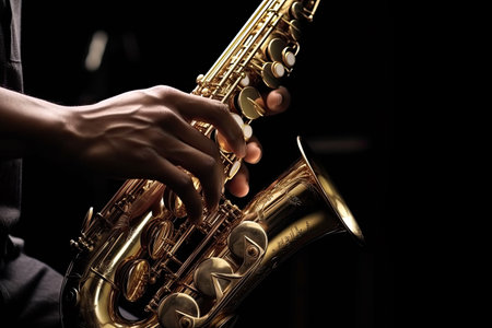Close up of Saxophone Player hands Saxophonist playing jazz music. Alto sax musical instrument on black background. Generative Aiの素材