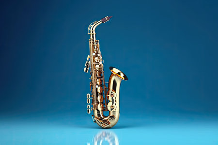 Saxophone isolated on blue background. Music concept. Generative Aiの素材