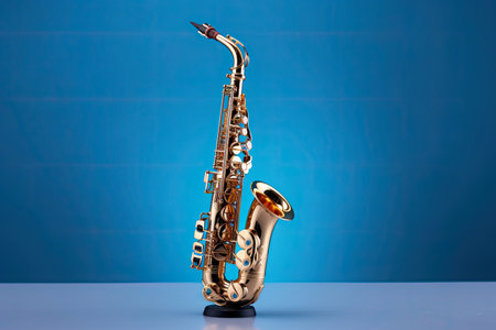 Saxophone isolated on blue background. Music concept. Generative Aiの素材
