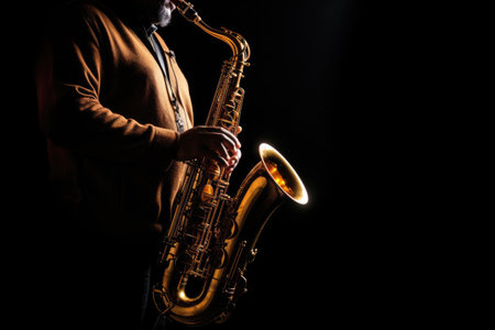 Saxophone player Saxophonist playing jazz music instrument Jazz musician playing sax alto on black background. Generative Aiの素材