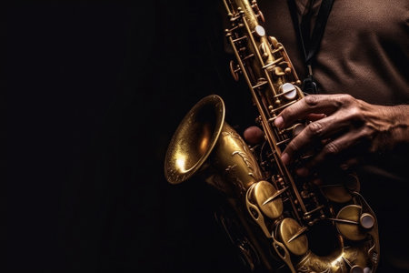 Close up of Saxophone Player hands Saxophonist playing jazz music. Alto sax musical instrument on black background. Generative Aiの素材