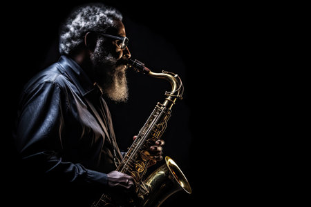 Saxophone player Saxophonist playing jazz music instrument Jazz musician playing sax alto on black background. Generative Aiの素材