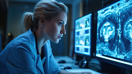 An expert female neurologist deeply engrossed in examining brain scans, utilizing innovative medical technology for diagnosis on the computer screen. Generative Aiの素材