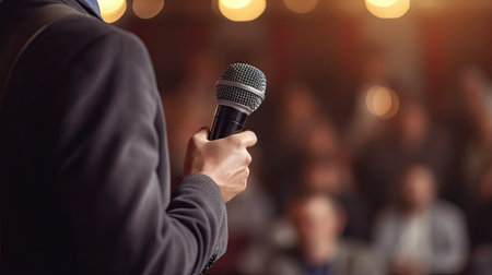 A speaker with microphone in front of audiences. Comedy music and theater live performance. Seminar or Conference. General meeting. Generative Aiの素材