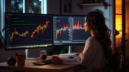 Analyst woman working from home in front of displays showing market graphs. Marketing specialist. Generative Aiの素材