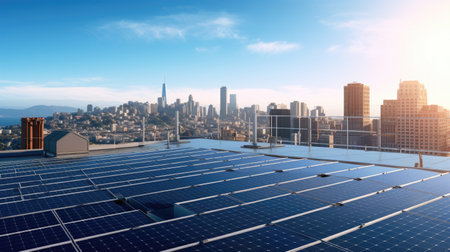 Clean energy, Solar panels with a city skyline in background, showcasing the integration of renewable energy sources within urban environments sustainable and eco friendly future. Generative Aiの素材