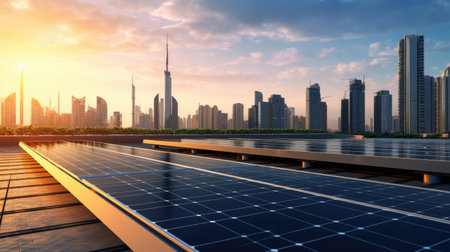 Clean energy, Solar panels with a city skyline in background, showcasing the integration of renewable energy sources within urban environments sustainable and eco friendly future. Generative Aiの素材