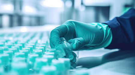 Close up hand with sanitary gloves check Medical vials on production line at pharmaceutical factory, Pharmaceutical machine working pharmaceutical glass bottles production line. Generative Ai.の素材