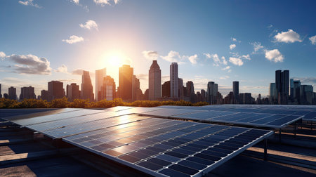 Clean energy, Solar panels with a city skyline in background, showcasing the integration of renewable energy sources within urban environments sustainable and eco friendly future. Generative Aiの素材