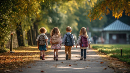 Group of Funny young children walking together in friendship,  On their first day of school, back to school concept. Generative Aiの素材