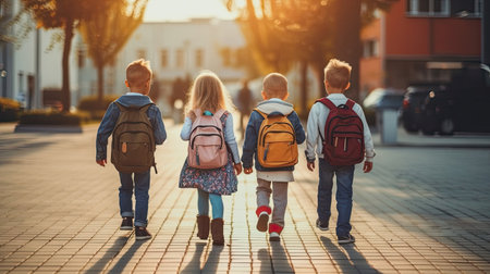 Group of Funny young children walking together in friendship,  On their first day of school, back to school concept. Generative Aiの素材