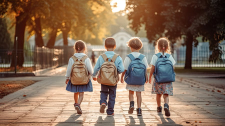 Group of Funny young children walking together in friendship,  On their first day of school, back to school concept. Generative Aiの素材