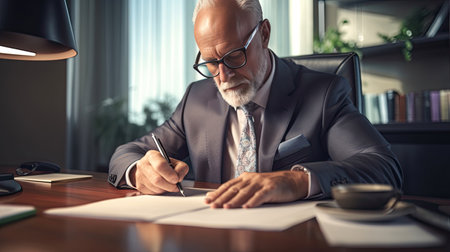 A Serious business man sitting at desk and signing documents in a professional office. Generative Aiの素材