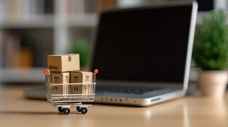 Online shopping concept, Small cardboard box with miniature shopping cart standing in front of laptop. Generative Aiの素材