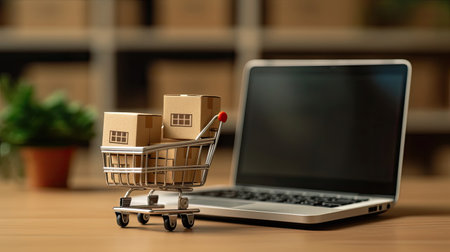 Online shopping concept, Small cardboard box with miniature shopping cart standing in front of laptop. Generative Aiの素材