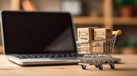 Online shopping concept, Small cardboard box with miniature shopping cart standing in front of laptop. Generative Aiの素材