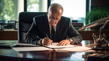 A Serious business man sitting at desk and signing documents in a professional office. Generative Aiの素材