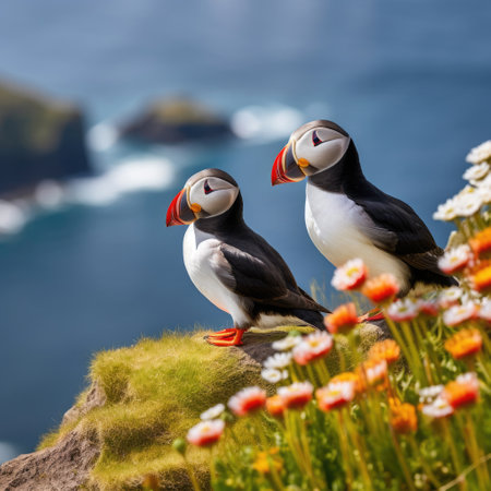 A pair of puffins sitting on a cliff together. Heimaey coast, Iceland. Generative Aiの素材