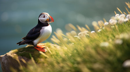 Atlantic puffin bird resting on grass, on a cliff together. Heimaey coast, Iceland. Generative Aiの素材