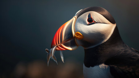 Close up of Puffin with beak full of fish, Heimaey coast, Iceland. Generative Aiの素材