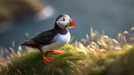 Atlantic puffin bird resting on grass, on a cliff together. Heimaey coast, Iceland. Generative Aiの素材