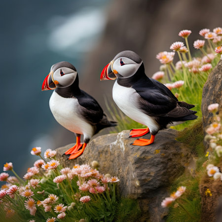 A pair of puffins sitting on a cliff together. Heimaey coast, Iceland. Generative Aiの素材