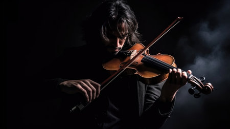 Violin player on black background, Musical concept. Generative Aiの素材