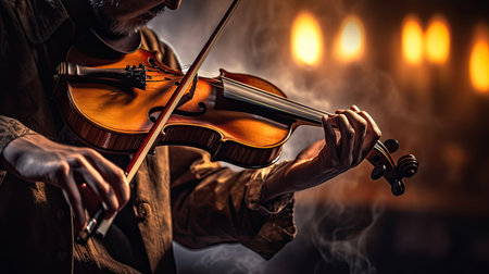Musician play violin on dark background. Musical concept. Generative Aiの素材