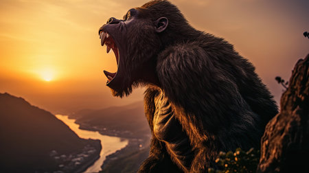 A gorilla stood shouting and showing off its strength on a high cliff at sunset. Generative Aiの素材
