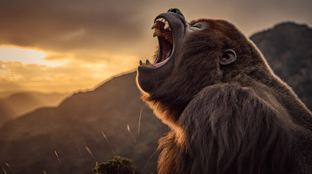 A gorilla stood shouting and showing off its strength on a high cliff at sunset. Generative Aiの素材
