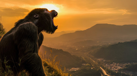 A gorilla stood shouting and showing off its strength on a high cliff at sunset. Generative Aiの素材