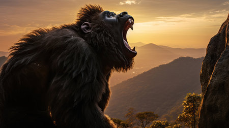 A gorilla stood shouting and showing off its strength on a high cliff at sunset. Generative Aiの素材