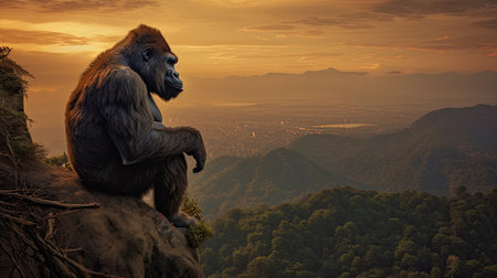 Gorilla sitting on a high cliff near sunset. Generative Aiの素材