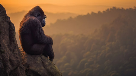 Gorilla sitting on a high cliff near sunset. Generative Aiの素材