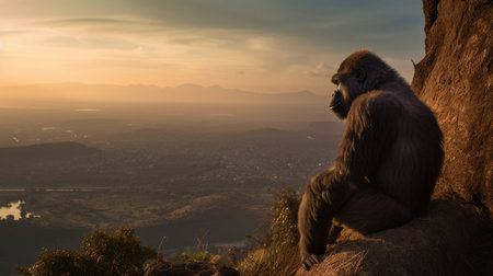 Gorilla sitting on a high cliff near sunset. Generative Aiの素材
